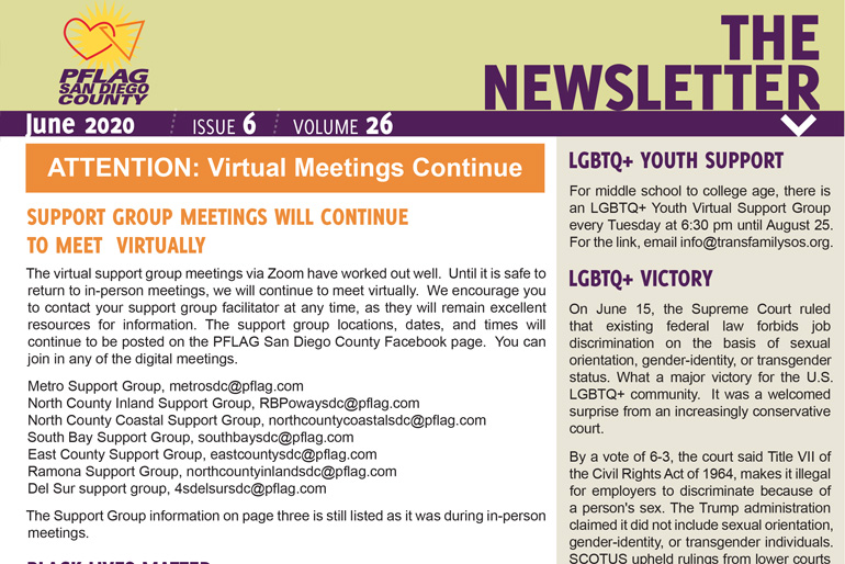 PFLAG San Diego County Newsletter June 2020
